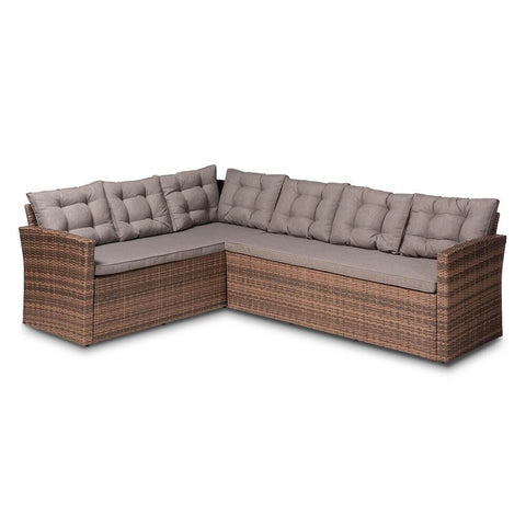 BIGGS DEALS Angela Modern and Contemporary Grey Fabric Upholstered and Brown Finished 4-peice Woven Rattan Outdoor Patio Set