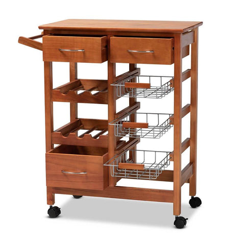 BIGGS DEALS Baxton Studio Crayton Modern and Contemporary Oak Brown Finished Wood and Silver-Tone Metal Mobile Kitchen Storage Cart