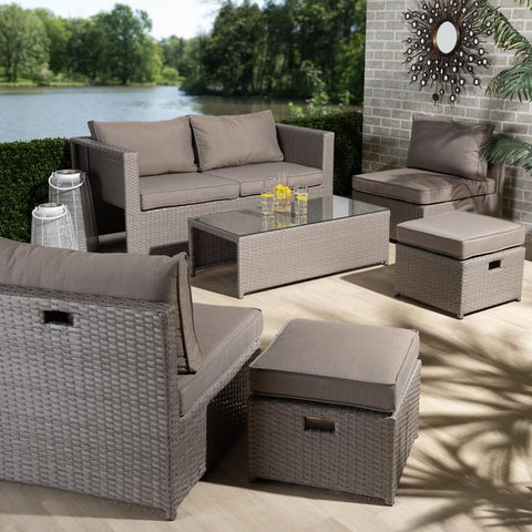 BIGGS DEALS HAINA MODERN AND CONTEMPORARY GREY FABRIC UPHOLSTERED AND GREY FINISHED SYNTHETIC RATTAN 6-PIECE PATIO SET