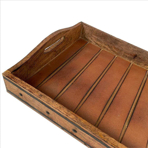 Benzara The Urban Port Brown Rectangular Farmhouse Wooden Tray With Rivets Accent And Metal and Trim