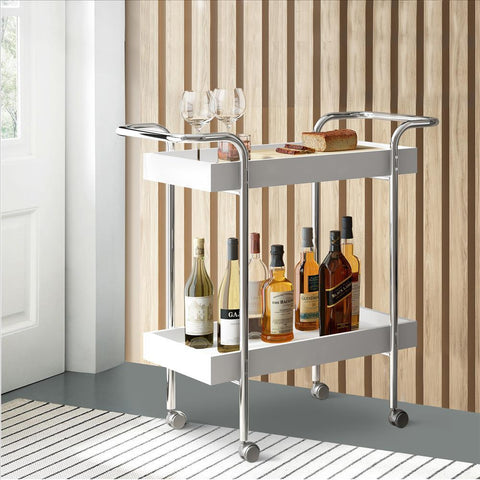 Benzara The Urban Port Storage Cart With 2 Tier Design And Metal Frame, White And Chrome