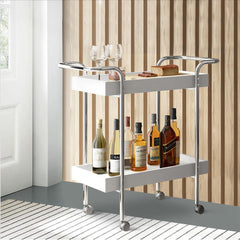 The Urban Port Storage Cart With 2 Tier Design And Metal Frame, White And Chrome