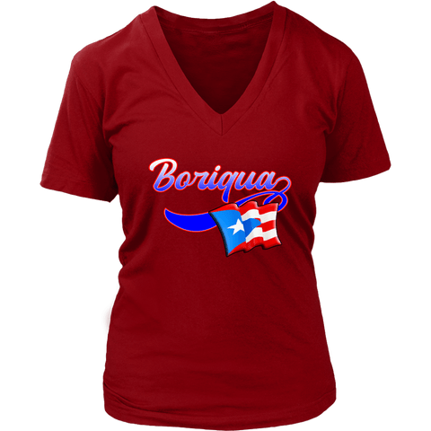 teelaunch T-shirt District Womens V-Neck / Red / S Womens V-Neck T-Shirt Boriqua Puerto Rican Flag